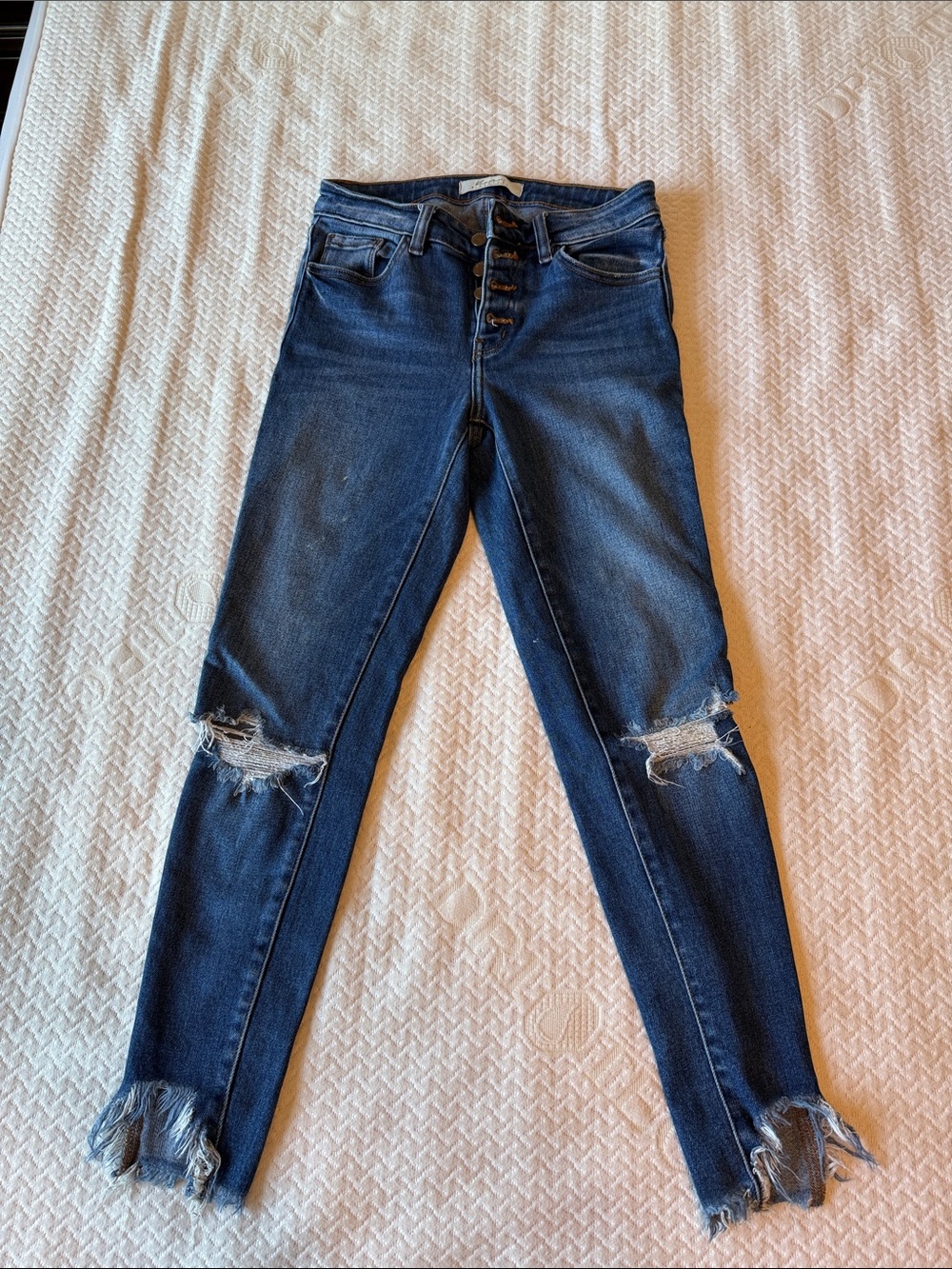 KanCan Dark Blue Distressed Skinny Jeans with Frayed Hem